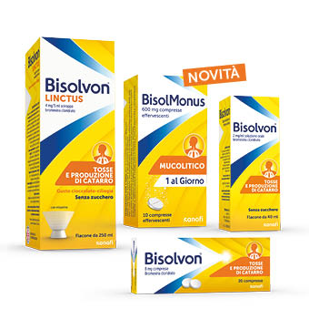 Confezioni di Bisolvon, Bisolvon Linctus e Bisolmonus: sciroppo, compresse e soluzioni orali contro la tosse grassa